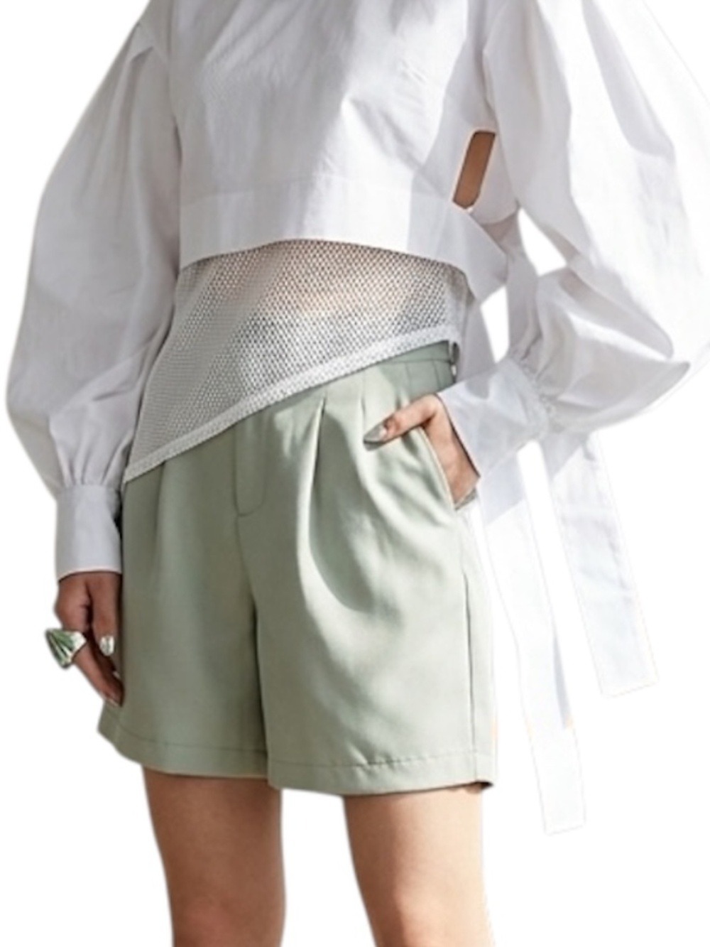 Sage green old money minimalist pleated relaxed quiet luxury high rise shorts